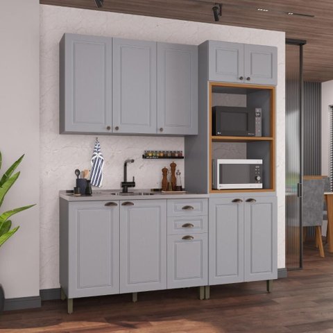 Armário de Cozinha Modulada Compacta Fidelitá Nara 100% MDF 3 Peças 190cm 10 Portas 2 Gavetas sem