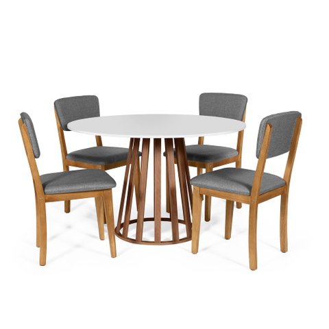 Mesa de Jantar Redonda Gabi Bran/nor com 4 Cadeiras Estofadas Ella Cinza Escuro