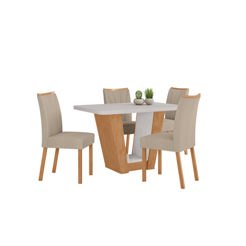 Conjunto Sala de Jantar Mesa Apogeu 120 Tampo Vidro Maxi Off com 4 Cadeiras Téssera - Lopas Amendoa