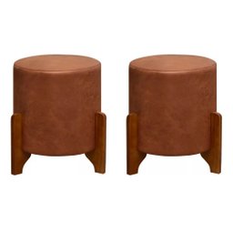2 Puf Thor Puff Redondo com Pés em Madeira 35x35cm Tecido Marrom Corano Camel - 1
