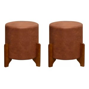 2 Puf Thor Puff Redondo com Pés em Madeira 35x35cm Tecido Marrom Corano Camel
