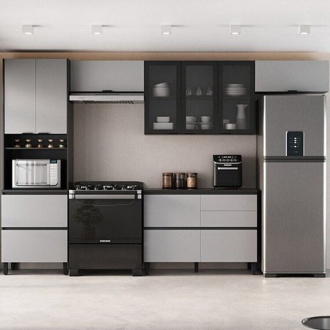 Cozinha Modulada 5 Peças 9 Portas 5 Gavetas MDF Dodradiça Slow Motion Lúmina Itatiaia Cinza/Grafite/Fendi