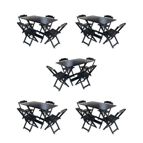 Kit 5 Conjuntos De Mesa Dobravel Com 4 Cadeiras De Madeira 120X70 Para Restaurante E Bar - Preto