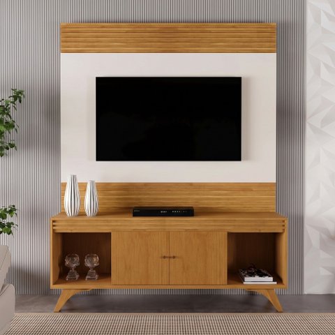 Conjunto Painel + Rack Sevilha Painel Off White/Naturalle Rack Naturalle Mavaular