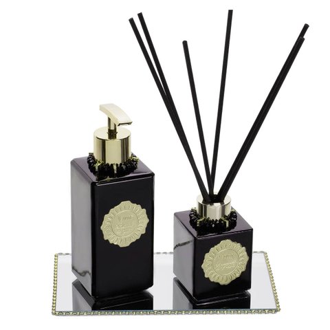 Kit Lavabo 3 Produtos Vidros Pretos Enfeites Dourados - Fragrância: Bamboo Mm