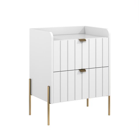 Mesa de Cabeceira para Quarto com 2 Gavetas Mdf Branca Laqueadas Moderna Moriah 45cm Pé Dourado