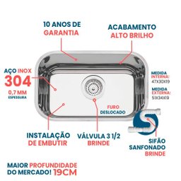 Cuba Aço Inox 304 American Steel N°1-19 Funda 47x30x19 - 2