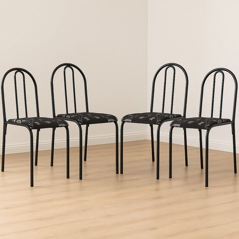 Conjunto 4 Cadeiras para Cozinha e Sala de Jantar Preto/Floral