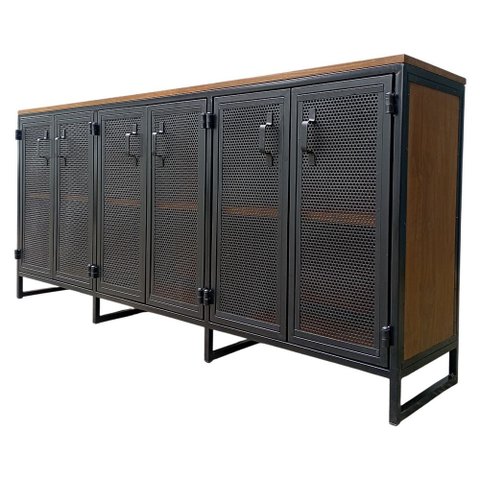 Buffet Industrial com 6 Portas de Chapas - Ferro e Madeira - Cores Preto e Imbuia
