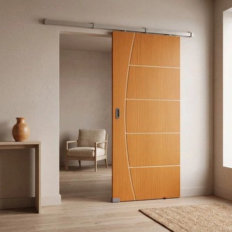 Porta Ipê Champanhe Friso 9 80x210cm + Kit Correr Alumínio