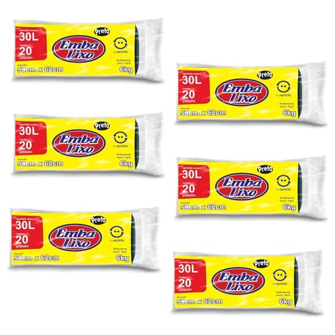 Kit 6 Pacotes Sacos de Lixo Preto Reciclado Resistente Reforçado 30 Litros 59cm x 62cm Pacote com 20