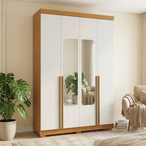 Guarda-Roupa Solteiro Torino com Espelho 4 Portas 2 Gavetas 100% MDF Off White/Cerejeira/Nevaska
