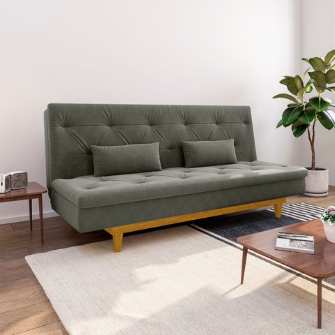 Sofá Cama 3 Lugares Reclinável Yescasa Suede Tokio Retro Pés Madeira Cinza