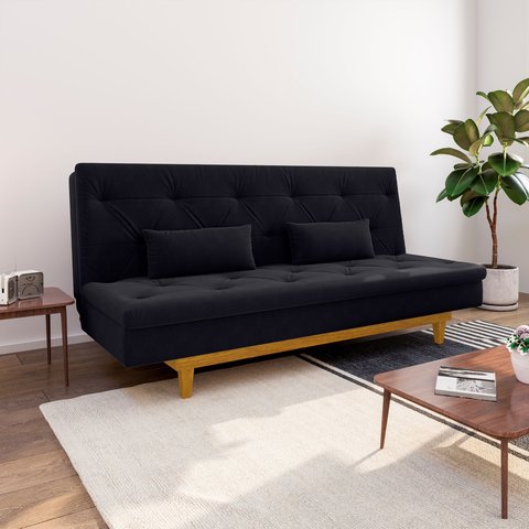 Sofá Cama 3 Lugares Reclinável Yescasa Suede Tokio Retro Pés Madeira Preto