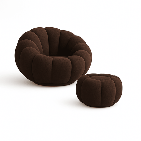 Kit Poltrona Decorativa Concha C/almofada e Puff Boucle Marrom Abobora - Montanaris Decor