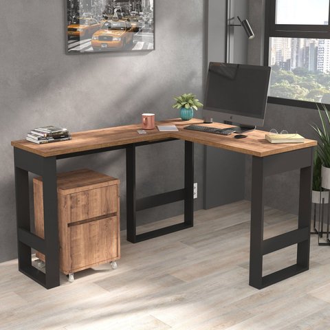 Escrivaninha em L Industrial em MDF com Gaveteiro 140cm M103 Preto e Solanum Yescasa