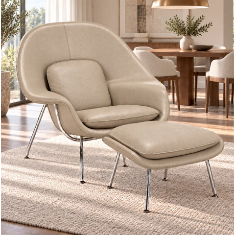Poltrona Womb Chair com Puff em Couro Ecológico Off White