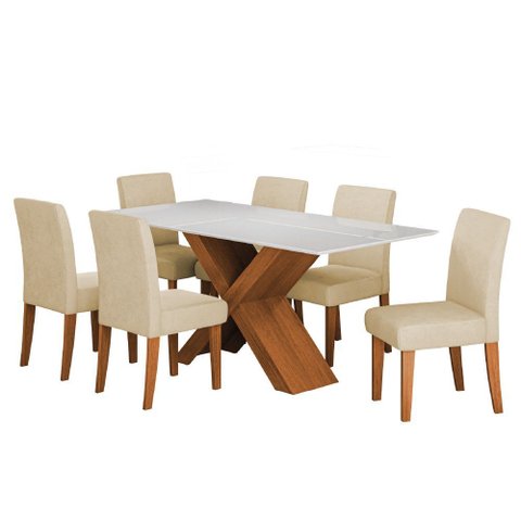 Conjunto de Mesa Sala de Jantar Tampo com Vidro 1,80m Grécia 6 Cadeiras Trieste Dobuê