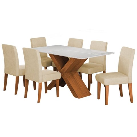 Conjunto de Mesa Sala de Jantar Tampo com Vidro 1,80m Grécia 6 Cadeiras Trieste Dobuê