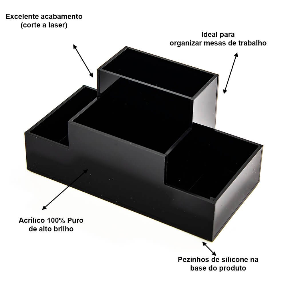 Organizador de mesa para escritório em Acrílico Preto 3 mm Centauri Acrílicos ORG-ME-P3 - 3