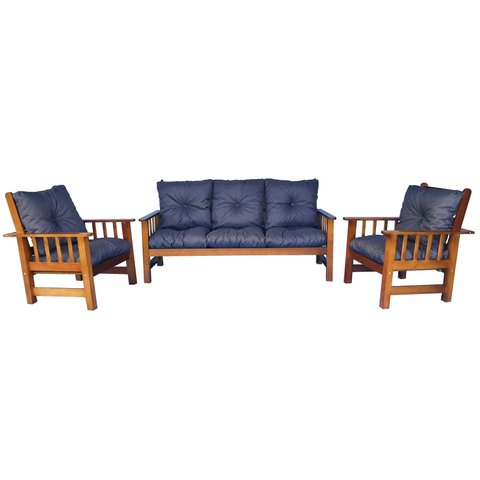 Conjunto Cancún Sofá 3 Lugares E Poltronas De Madeira Banco Cinza Escuro