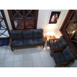 Conjunto Cancún Sofá 3 Lugares E Poltronas De Madeira Banco Cinza Escuro - 6