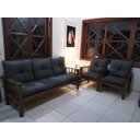 Ver imagem 4 de Conjunto Cancún Sofá 3 Lugares E Poltronas De Madeira Banco Cinza Escuro