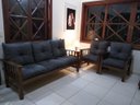Ver imagem 4 de Conjunto Cancún Sofá 3 Lugares E Poltronas De Madeira Banco Cinza Escuro