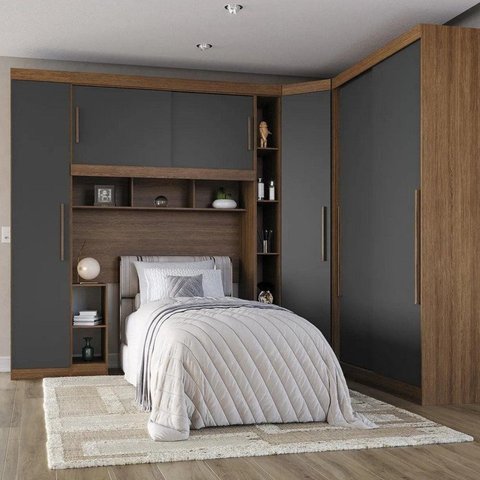 Guarda-Roupa Modular Solteiro 6 Portas 2 Gavetas com Porta de Correr Gênova Plus Ipê Wood/Grafite
