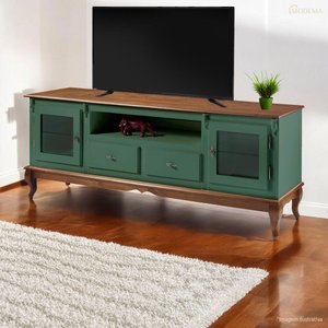 Rack para Tv Pés Luis Xv 2 Gavetas 2 Portas e Nicho 60503 Linz Móveis - Verde Musgo/imbuia Glazer