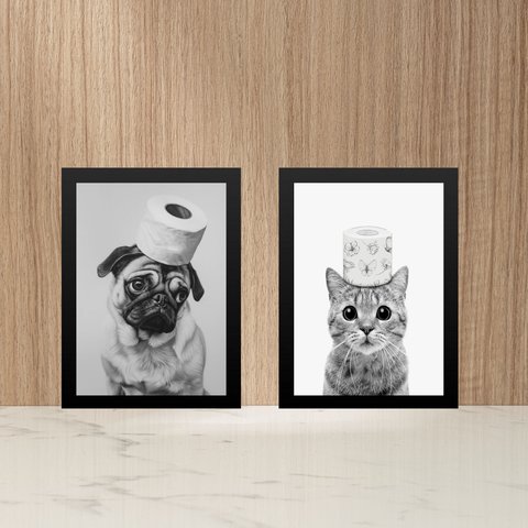 Kit 2 Quadros Divertidos para Banheiro Cão e Gato 24x18cm - com Vidro:moldura Preta