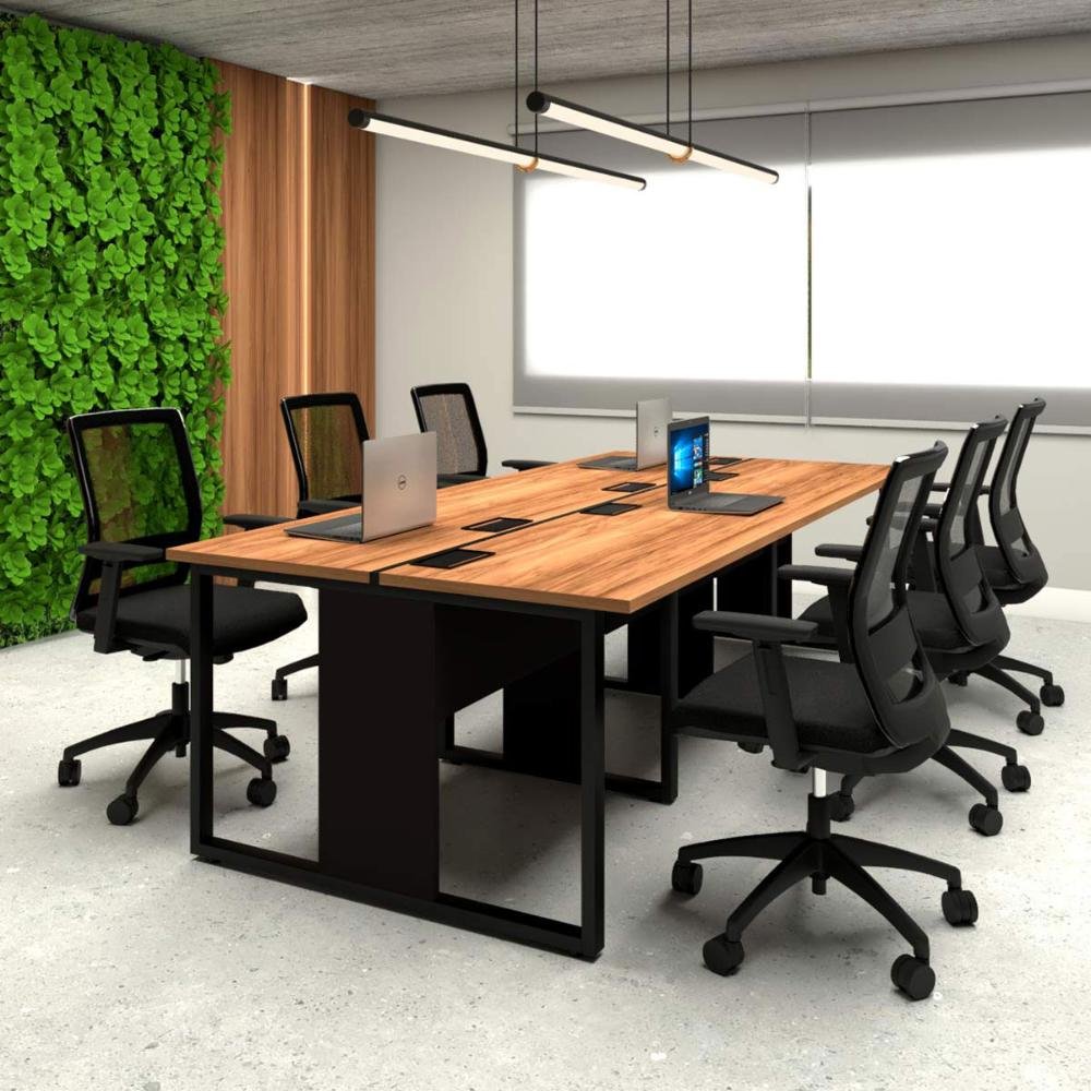 Plataforma de Trabalho 6 Pessoas 360cm X 120cm Pé Metal F5 Cor:nogal com Preto