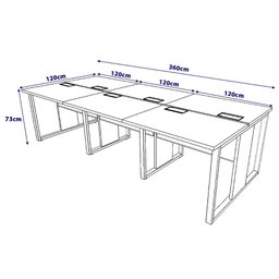 Plataforma de Trabalho 6 Pessoas 360cm X 120cm Pé Metal F5 Cor:nogal com Preto - 2