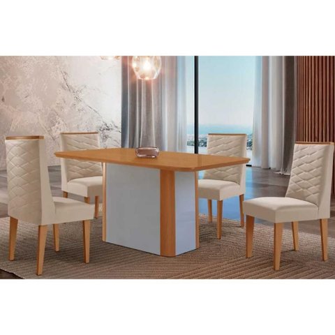 Sala de Jantar Completa Pietá C/ Tampo Madeirado Canto Curvo 120x80cm e 4 Cadeiras Dafne Naturale/