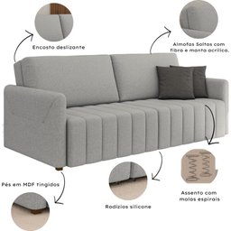 Sofá Retrátil Cama Alice 2,20m - 3 Lug. Encosto Deslizante Larbelle Móveis - Veludo - 2