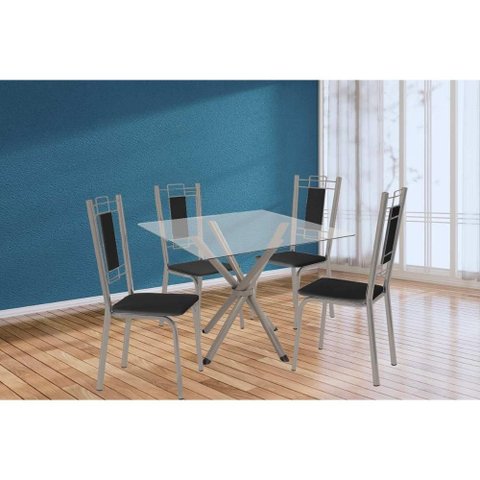 Sala de Jantar Completa Volga C/ Tampo de Vidro 90cm e 4 Cadeiras Florença Niquel - Courano Preto
