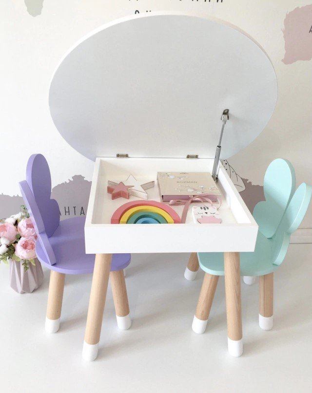 Conjunto de Mesa Redonda Baú com  2 Cadeiras Infantil Borboleta- MDf