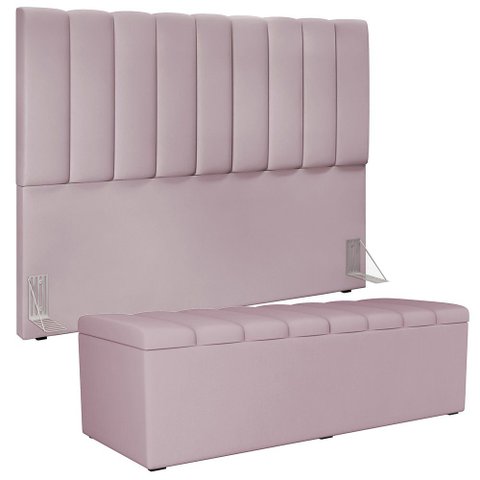 Kit Cabeceira Cama Box Casal King 195cm com Calçadeira Baú Dália W01 Suede Rosê - Lyam Lyam Decor