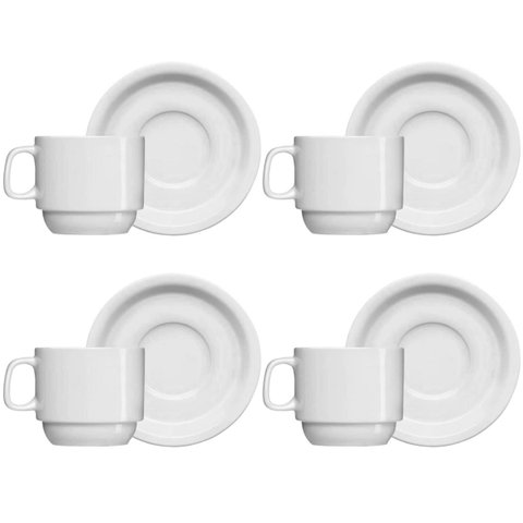 Jogo 4 Xícaras de Chá com Pires de Porcelana 215ml Classe Única Iguaçu Germer Branco