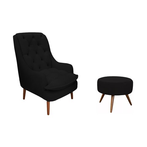Kit Poltrona Lille e Puff Suede Preto - Dominic Decor