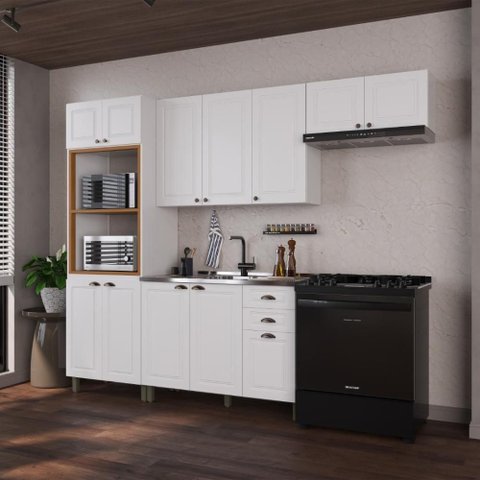 Armário de Cozinha Modulada Compacta Nara 12 Portas 2 Gavetas MDF 270cm Branco Fidelita Móveis