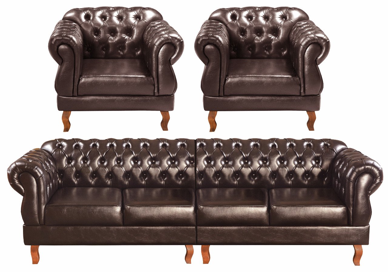 Conjunto Sofá 4 Lugares E 2 Poltronas Chesterfield Com Capitonê Duquesa - Couríssimo Marrom Café