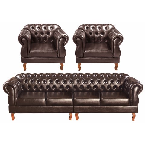 Conjunto Sofá 4 Lugares E 2 Poltronas Chesterfield Com Capitonê Duquesa - Couríssimo Marrom Café