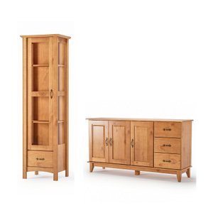 Kit Cristaleira Bella 01 Porta 1220 e Buffet Aparador Madeira Maciça 3 Portas 3 Gavetas Móveis Mpo