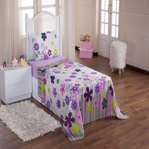 Jogo de Cama Infantil Garden Lilás Enxovais Aquarela 3 Peças