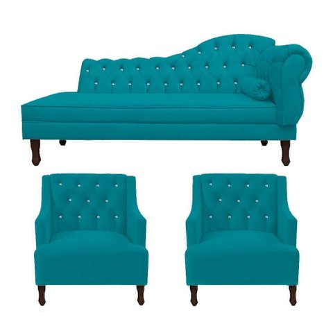 Kit Divã Cancun 160cm Braço Esquerdo + 2 Poltronas Genesis com Strass Suede: Azul Turquesa