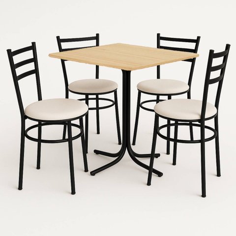 Conjunto Mesa Preta 70x70cm Tampo Pinus com 4 Cadeiras Epoxi