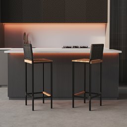 Banqueta Alta em Aço com Assento de Madeira Maciça Encosto de Junco Preto - 4