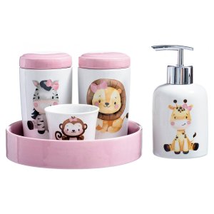 Kit Higiene Bebê Porta Algodão Banheiro Quarto Nuvem Safari KB- 023 PGB Rosa Claro