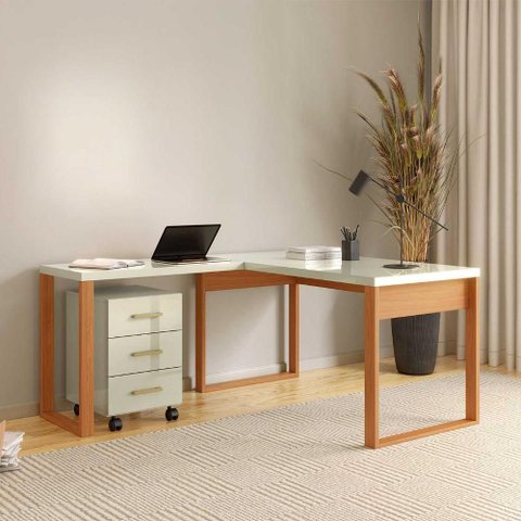 Mesa de Escritório em L 135cm com Gaveteiro Dalla Costa Mdf Cor:off White com Freijó e Gold